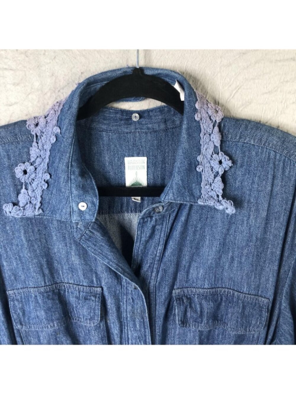 Western Denim Dress Womens L Blue Maxi Crochet Collar Boho Farmhouse Modest - Picture 13 of 16